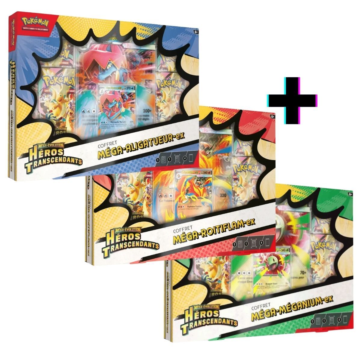 Lot de 3 coffrets Méga-Évolution-ex Héros Transcendants Pokémon FR